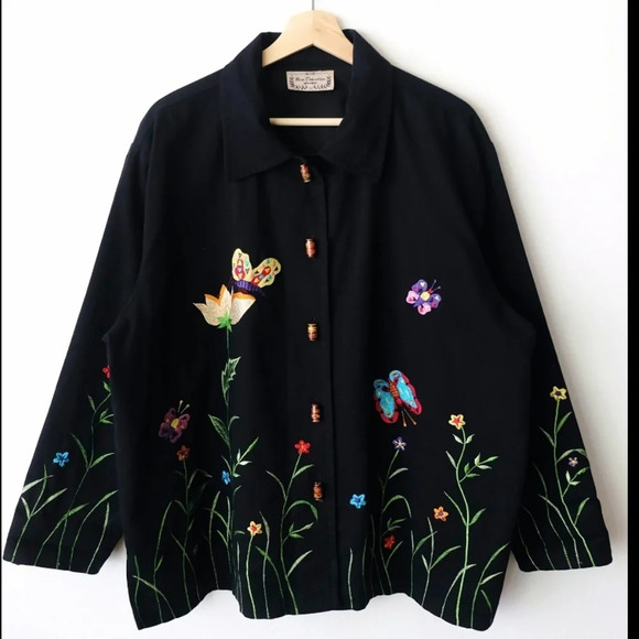 new directions Jackets & Blazers - New Direction Vintage 90 Black Butterfly/Floral Embroidered Women's Jacket Sz 1X